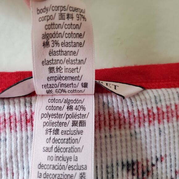 Victorias Secret Red Plaid Striped Waffle Knit T-shirt V Neck Size Large Cozy - Picture 7 of 10